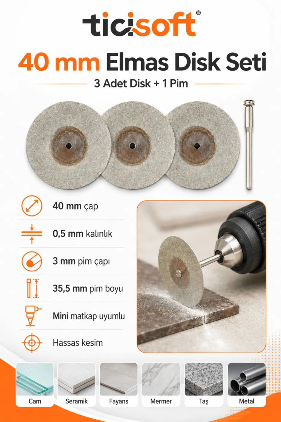 3 Adet 40 mm Elmas Kesme Disk Seti 0,5 mm İnce Disk + 1 Adet 3 mm Pim Mini Matkap Gravür Uyumlu
