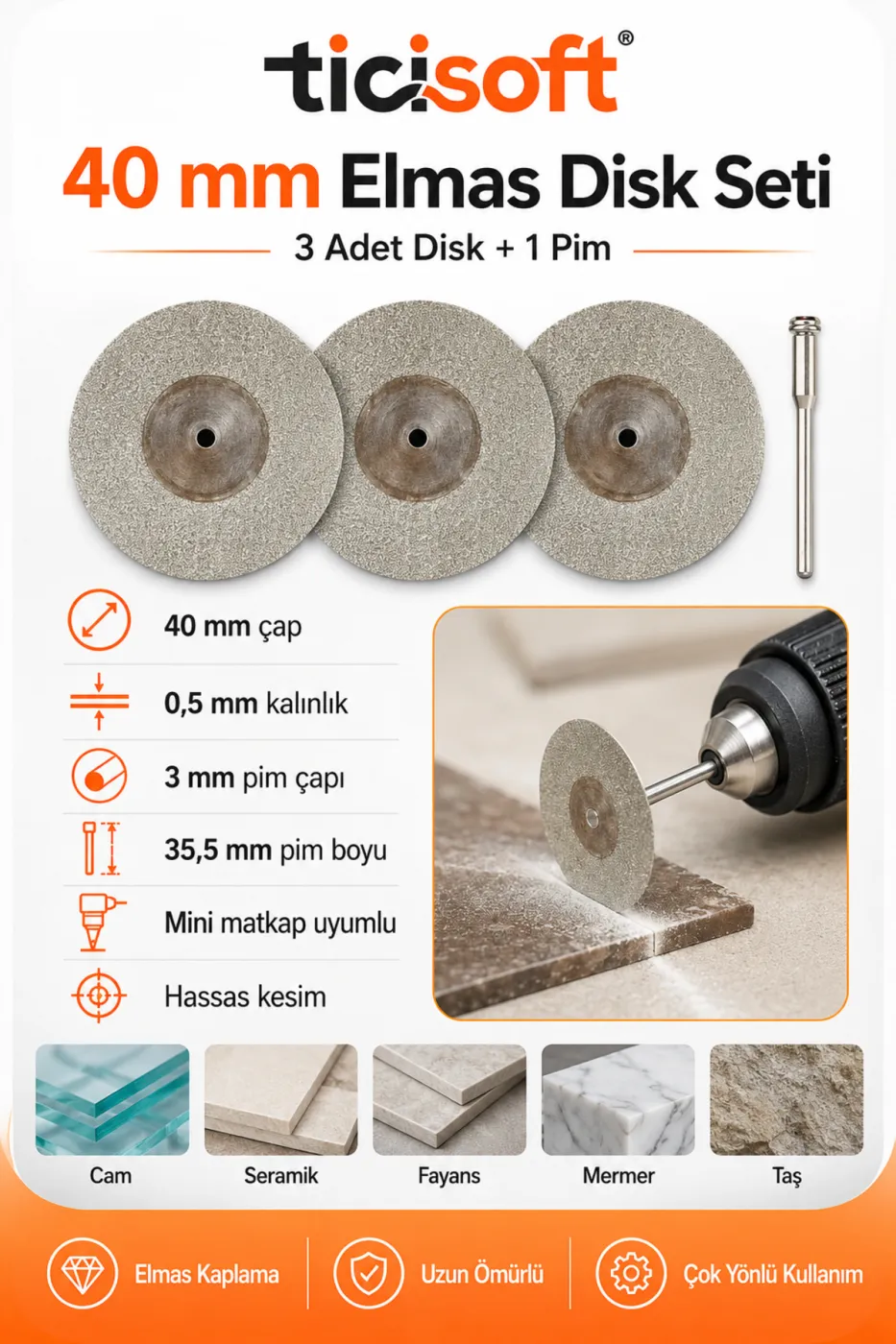 3 Adet 40 mm Elmas Kesme Disk Seti 0,5 mm İnce Disk + 1 Adet 3 mm Pim Mini Matkap Gravür Uyumlu
