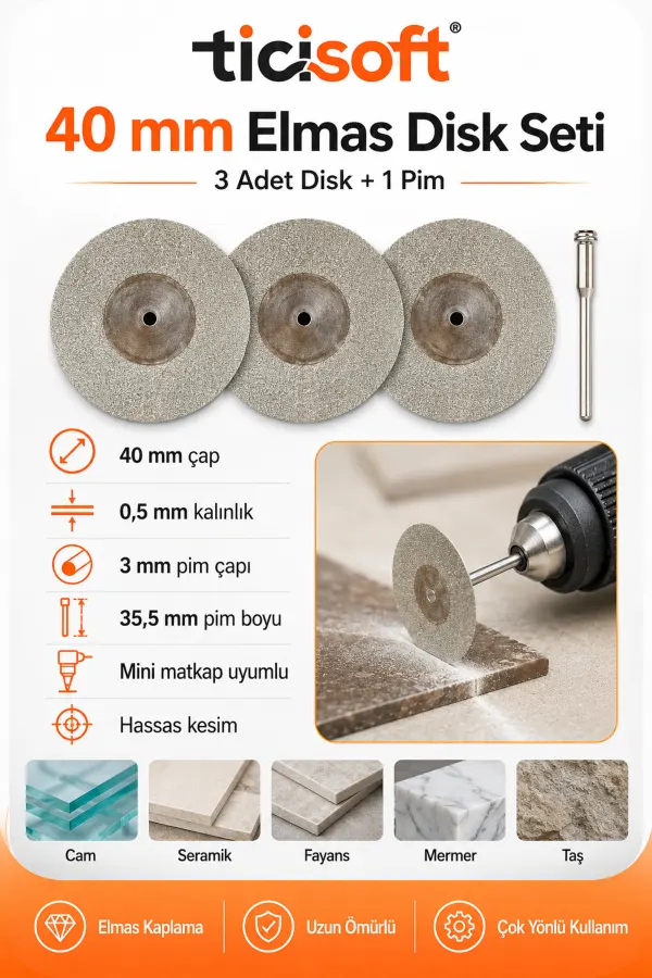 3 Adet 40 mm Elmas Kesme Disk Seti 0,5 mm İnce Disk + 1 Adet 3 mm Pim Mini Matkap Gravür Uyumlu