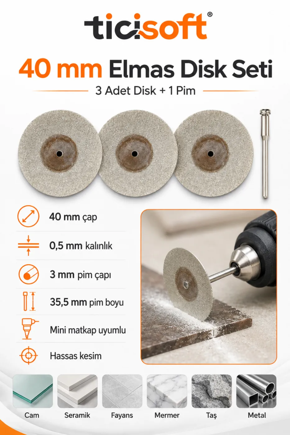 3 Adet 40 mm Elmas Kesme Disk Seti 0,5 mm İnce Disk + 1 Adet 3 mm Pim Mini Matkap Gravür Uyumlu