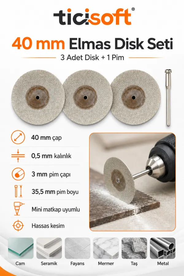 3 Adet 40 mm Elmas Kesme Disk Seti 0,5 mm İnce Disk + 1 Adet 3 mm Pim Mini Matkap Gravür Uyumlu