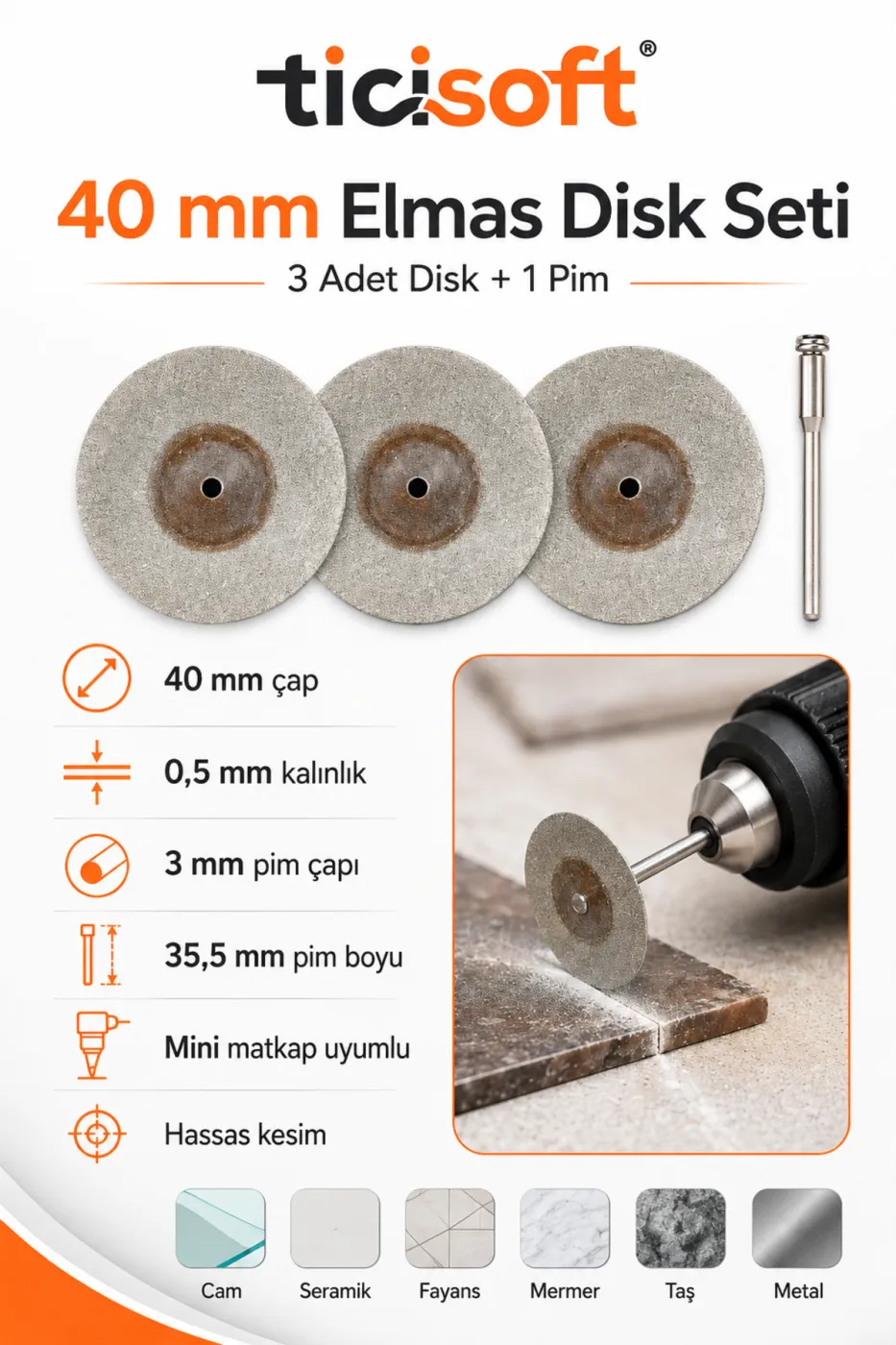3 Adet 40 mm Elmas Kesme Disk Seti 0,5 mm İnce Disk + 1 Adet 3 mm Pim Mini Matkap Gravür Uyumlu