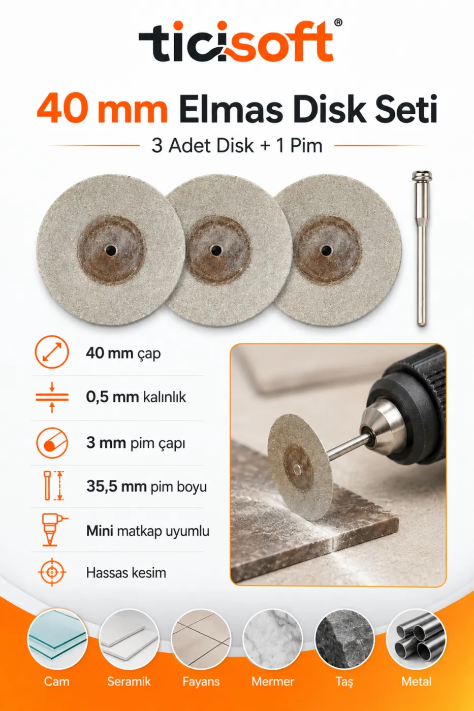 3 Adet 40 mm Elmas Kesme Disk Seti 0,5 mm İnce Disk + 1 Adet 3 mm Pim Mini Matkap Gravür Uyumlu