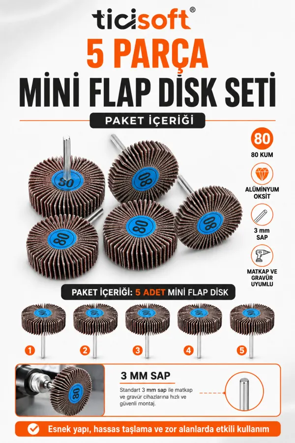 Saplı Mop Alüminyum Oksit Fırfır Zımpara 80 Kum 32 mm Dremel ve Gravür Uyumlu 5’li Set