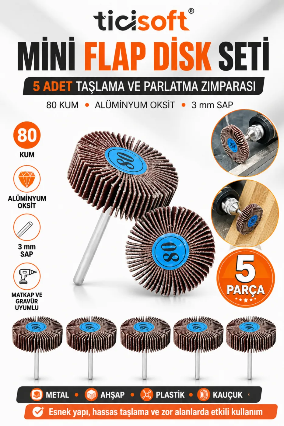 Saplı Mop Alüminyum Oksit Fırfır Zımpara 80 Kum 32 mm Dremel ve Gravür Uyumlu 5’li Set