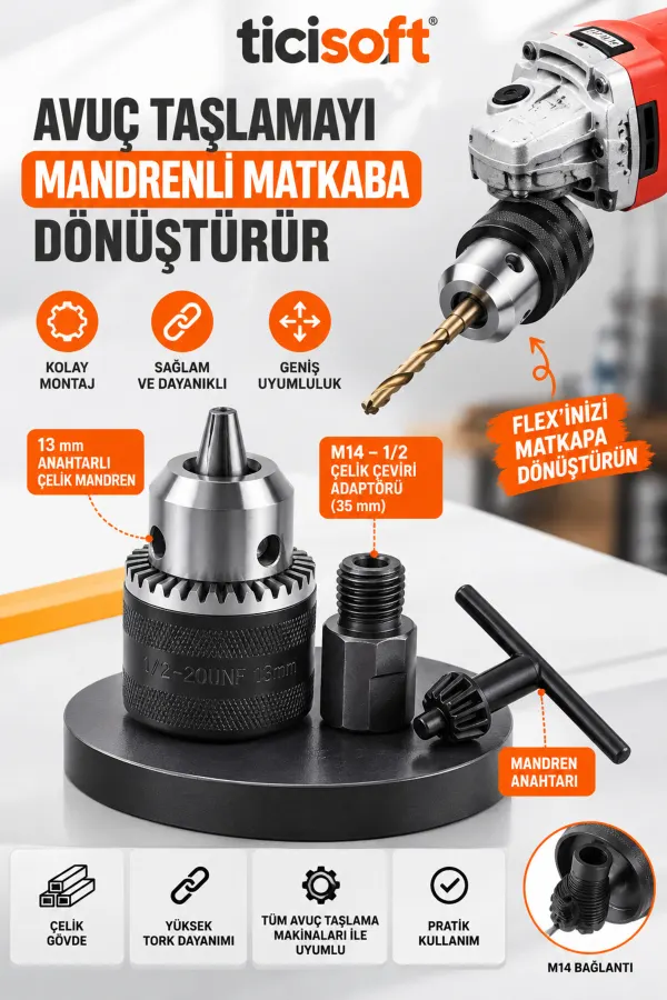Avuç Taşlama Spiral Makinesini Matkaba Dönüştüren Adaptör Seti 13 mm Anahtarlı Çelik Mandren M14 1/2 Kaplin