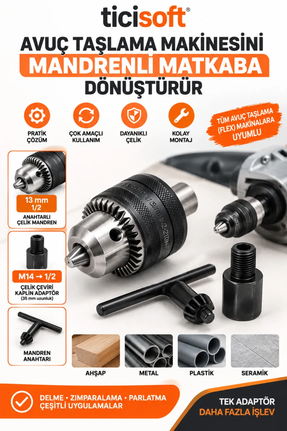 Avuç Taşlama Spiral Makinesini Matkaba Dönüştüren Adaptör Seti 13 mm Anahtarlı Çelik Mandren M14 1/2 Kaplin