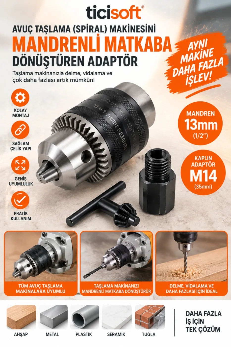 Avuç Taşlama Spiral Makinesini Matkaba Dönüştüren Adaptör Seti 13 mm Anahtarlı Çelik Mandren M14 1/2 Kaplin