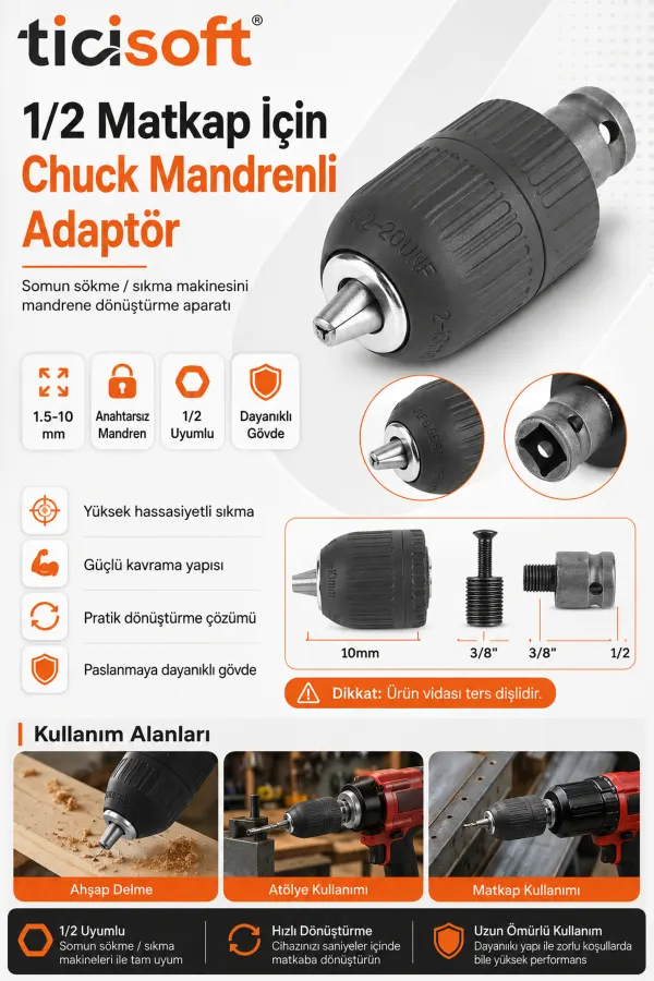 1/2 Matkap İçin Anahtarsız Chuck Mandren Adaptörü 1.5-10 mm 20UNF Somun Sökme Sıkma Makinesi Dönüştürücü Aparat