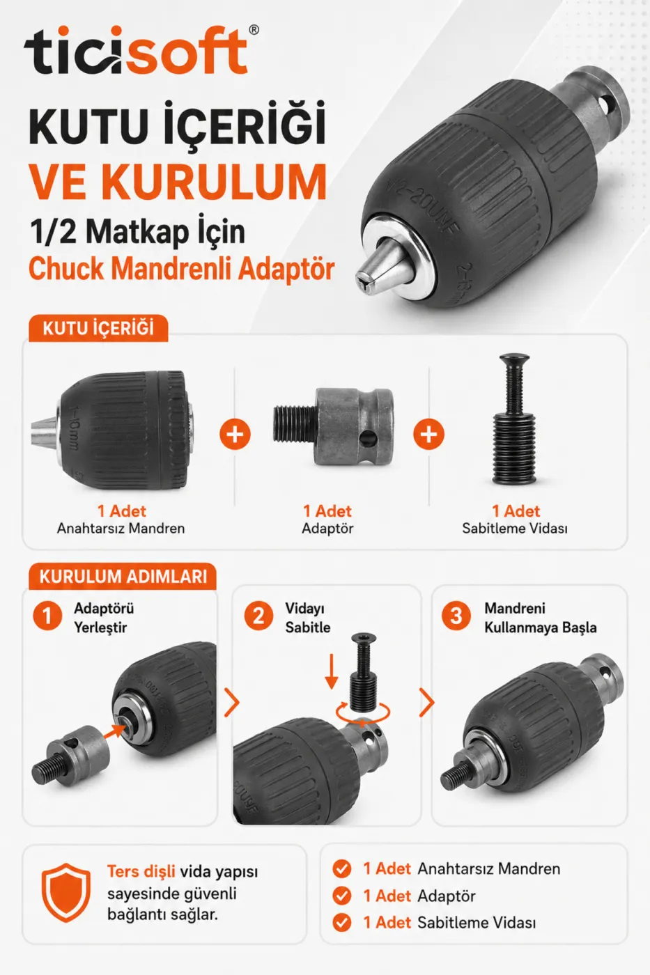 1/2 Matkap İçin Anahtarsız Chuck Mandren Adaptörü 1.5-10 mm 20UNF Somun Sökme Sıkma Makinesi Dönüştürücü Aparat