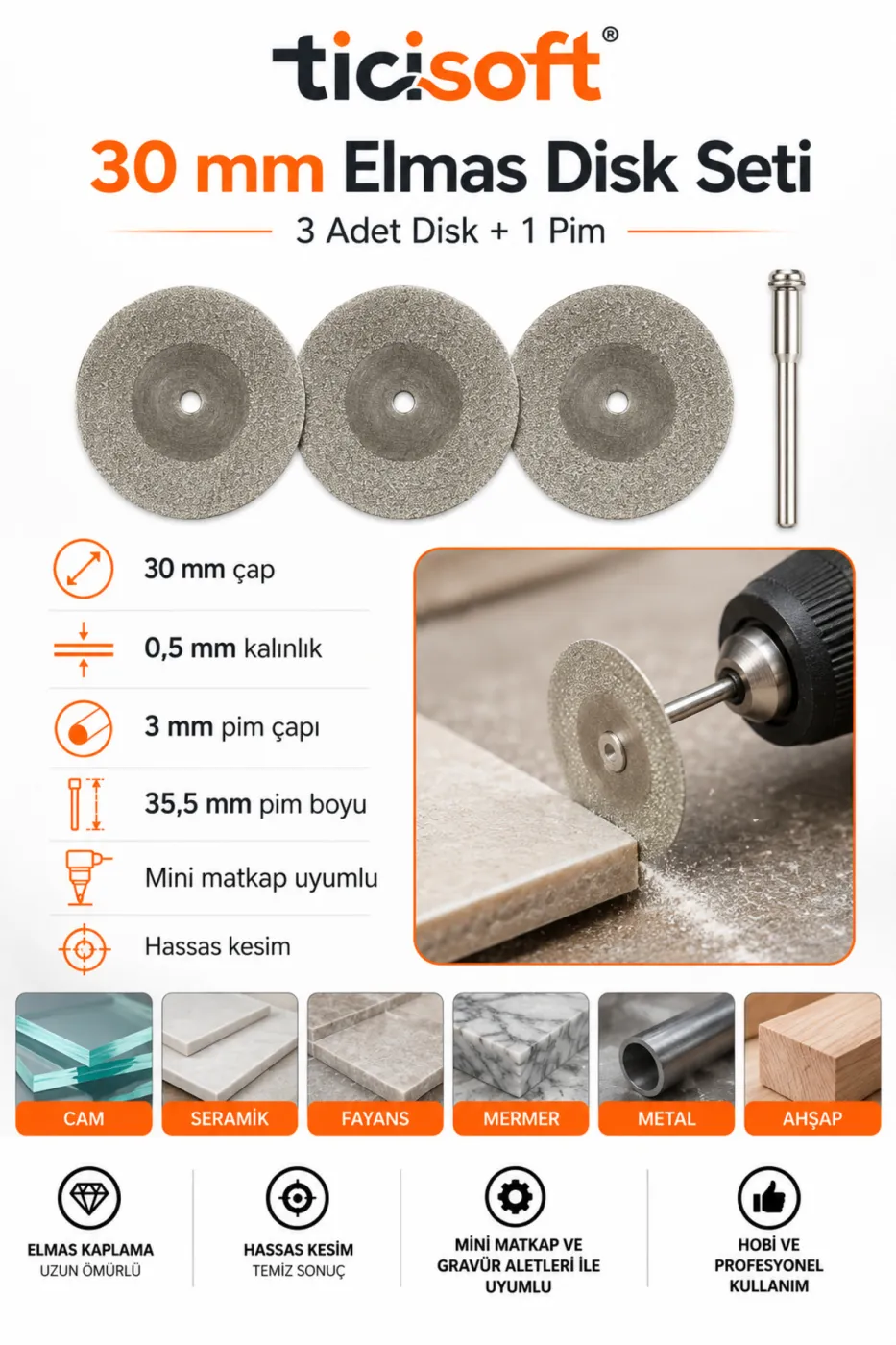 3 Adet 30 mm Elmas Kesme Disk Seti 0,5 mm İnce Disk + 1 Adet 3 mm Pim Mini Matkap Gravür Uyumlu