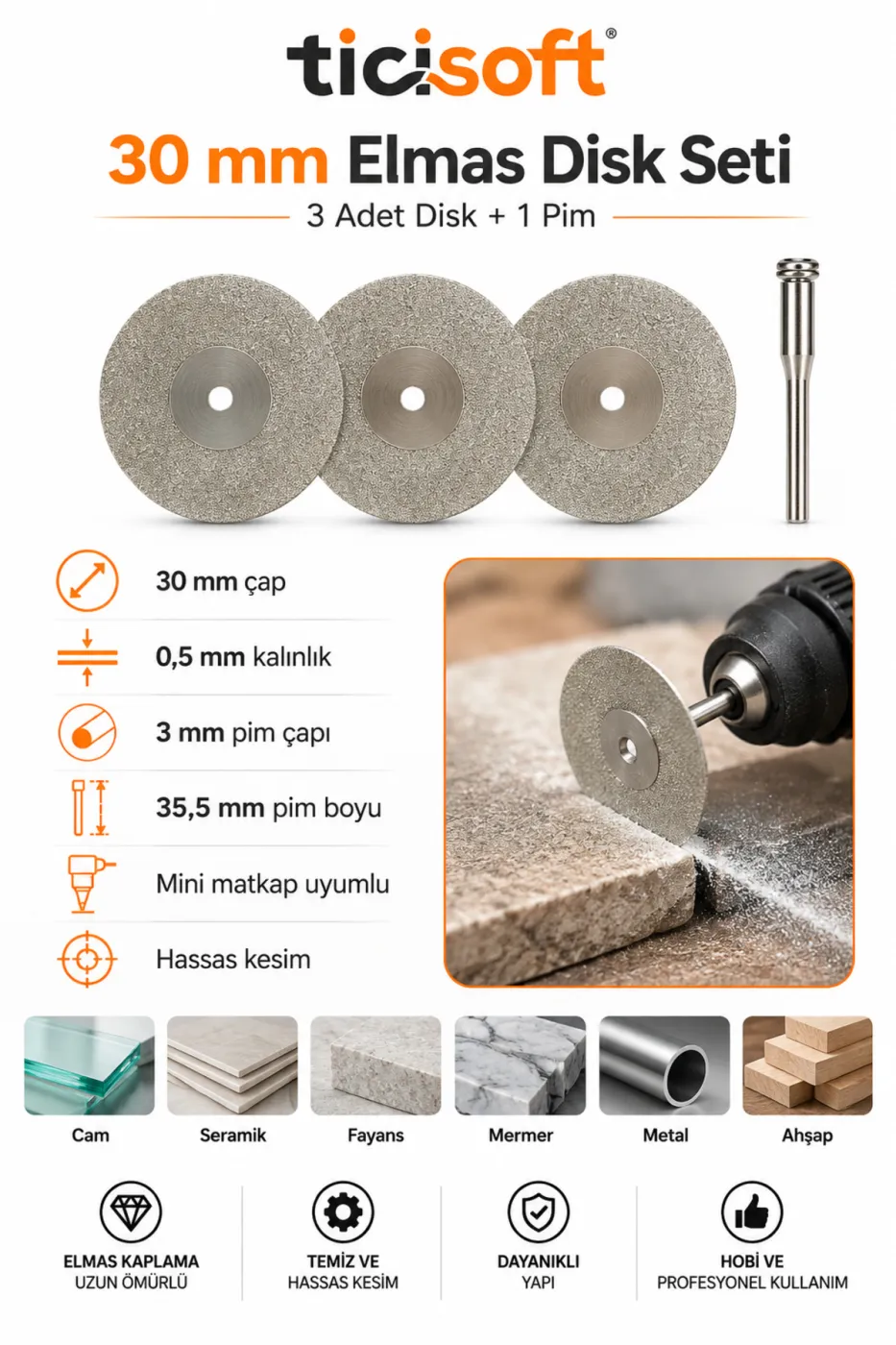 3 Adet 30 mm Elmas Kesme Disk Seti 0,5 mm İnce Disk + 1 Adet 3 mm Pim Mini Matkap Gravür Uyumlu