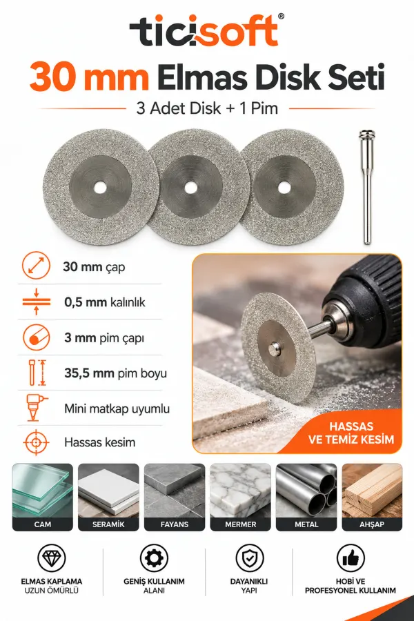 3 Adet 30 mm Elmas Kesme Disk Seti 0,5 mm İnce Disk + 1 Adet 3 mm Pim Mini Matkap Gravür Uyumlu