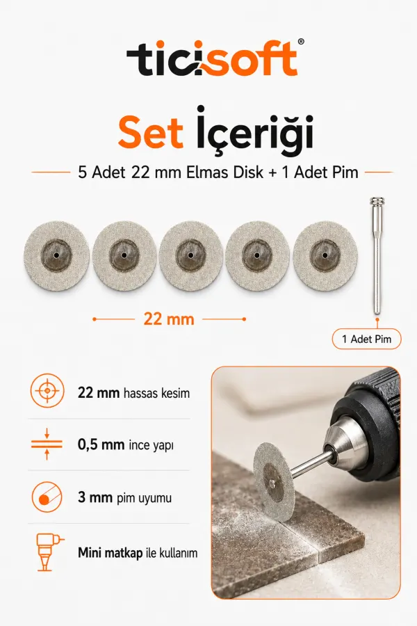 5 Adet 22 mm Elmas Kesme Disk Seti 0,5 mm İnce Disk + 1 Adet 3 mm Pim Mini Matkap Gravür Uyumlu