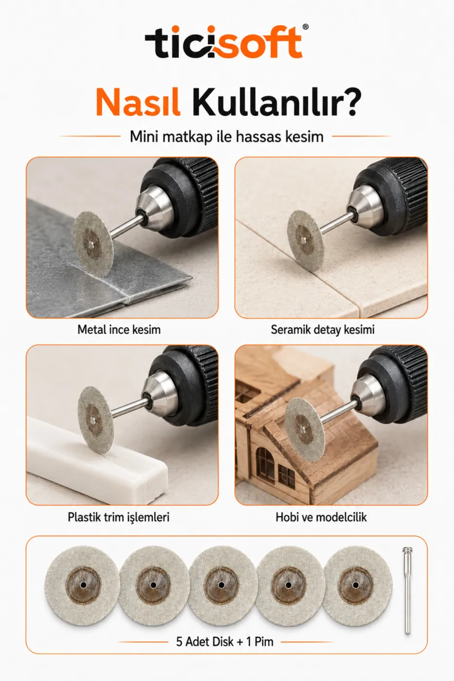 5 Adet 22 mm Elmas Kesme Disk Seti 0,5 mm İnce Disk + 1 Adet 3 mm Pim Mini Matkap Gravür Uyumlu