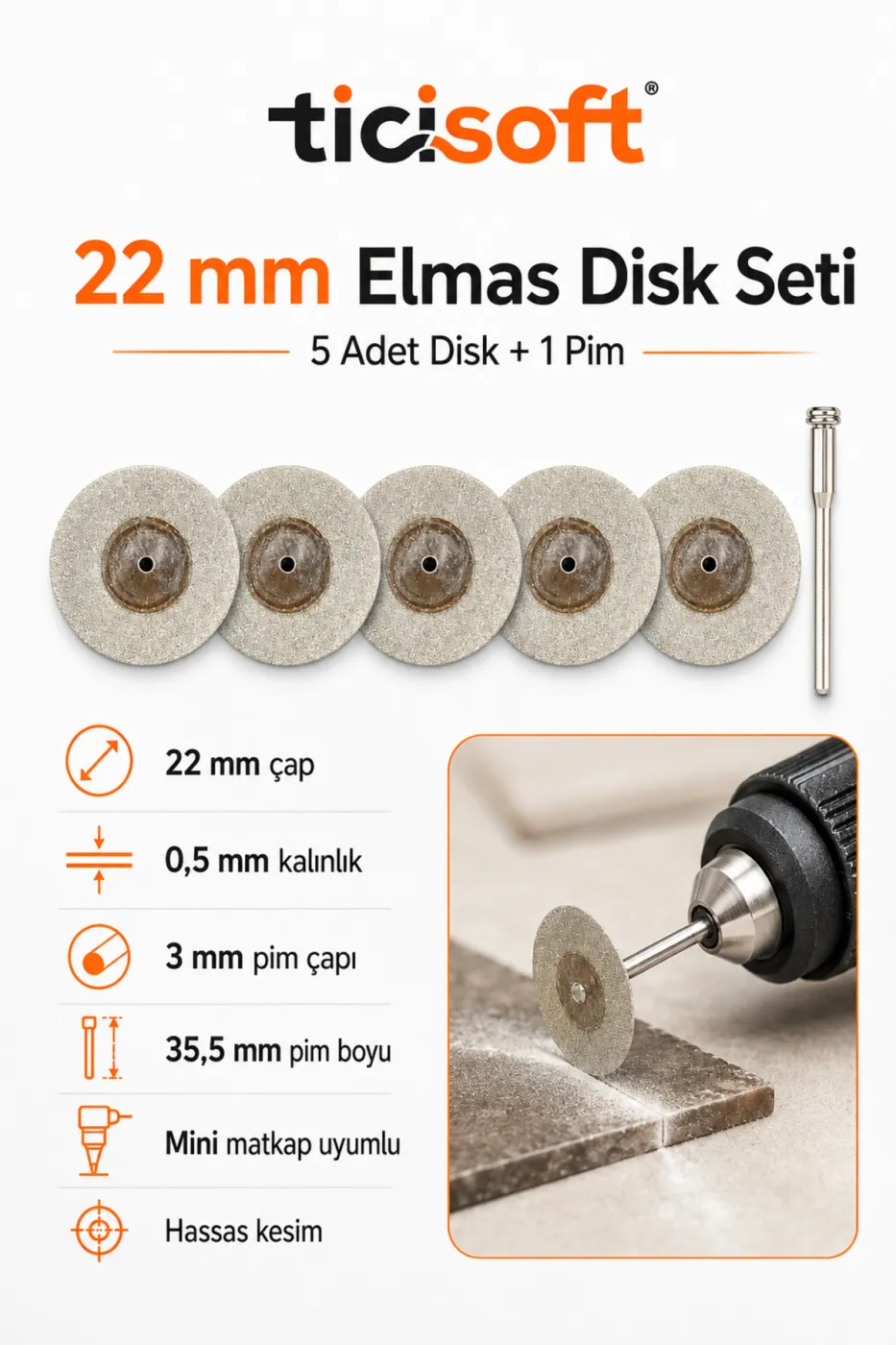 5 Adet 22 mm Elmas Kesme Disk Seti 0,5 mm İnce Disk + 1 Adet 3 mm Pim Mini Matkap Gravür Uyumlu