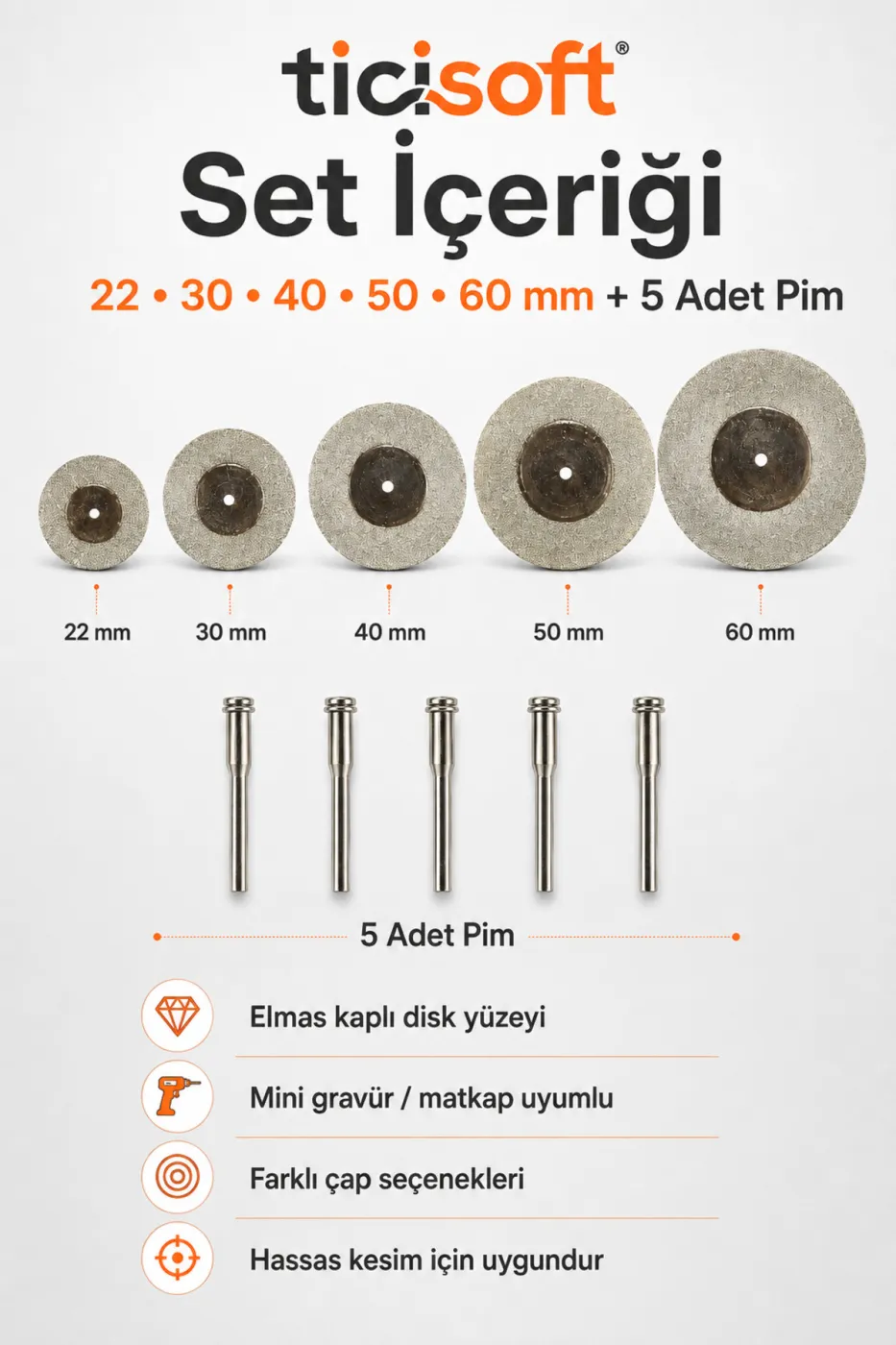 5’li Elmas Kesme Disk Seti 22-30-40-50-60 mm + 5 Adet Pim 3 mm Şaft Mini Matkap Gravür Hobi Kesici Disk Takımı