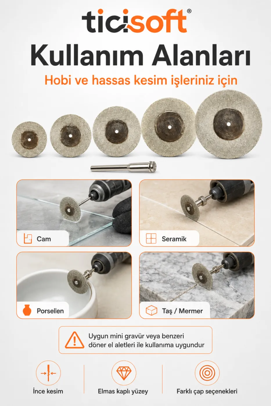 5’li Elmas Kesme Disk Seti 22-30-40-50-60 mm + 5 Adet Pim 3 mm Şaft Mini Matkap Gravür Hobi Kesici Disk Takımı