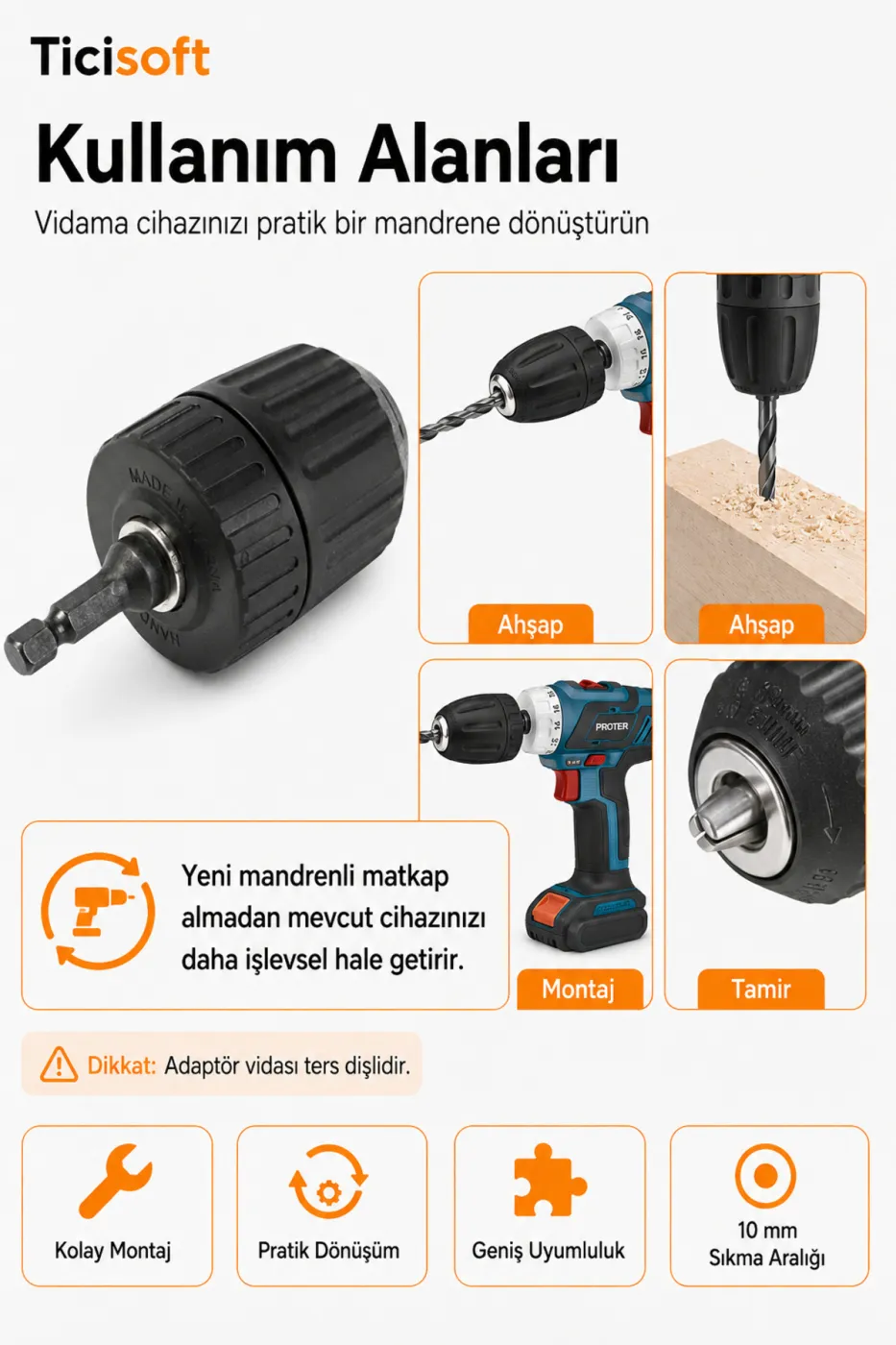 1/4 Hex Adaptörlü 10 mm Anahtarsız Mandren 3/8-24UNF Şarjlı Vidalama Matkap Dönüştürücü Aparat