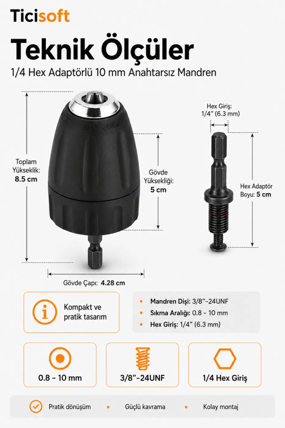 1/4 Hex Adaptörlü 10 mm Anahtarsız Mandren 3/8-24UNF Şarjlı Vidalama Matkap Dönüştürücü Aparat