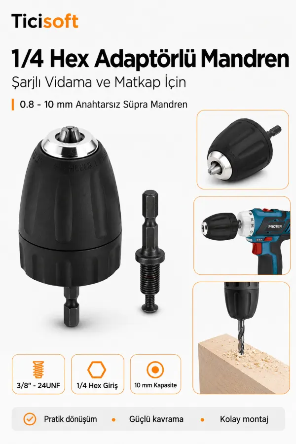 1/4 Hex Adaptörlü 10 mm Anahtarsız Mandren 3/8-24UNF Şarjlı Vidalama Matkap Dönüştürücü Aparat