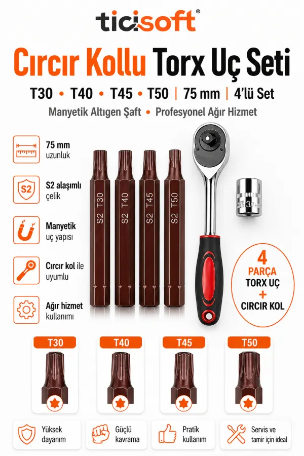 Cırcır Kollu Torx Uç Seti 75 mm T30 T40 T45 T50 S2 Çelik Manyetik Altıgen Şaft 4’lü Uç Seti