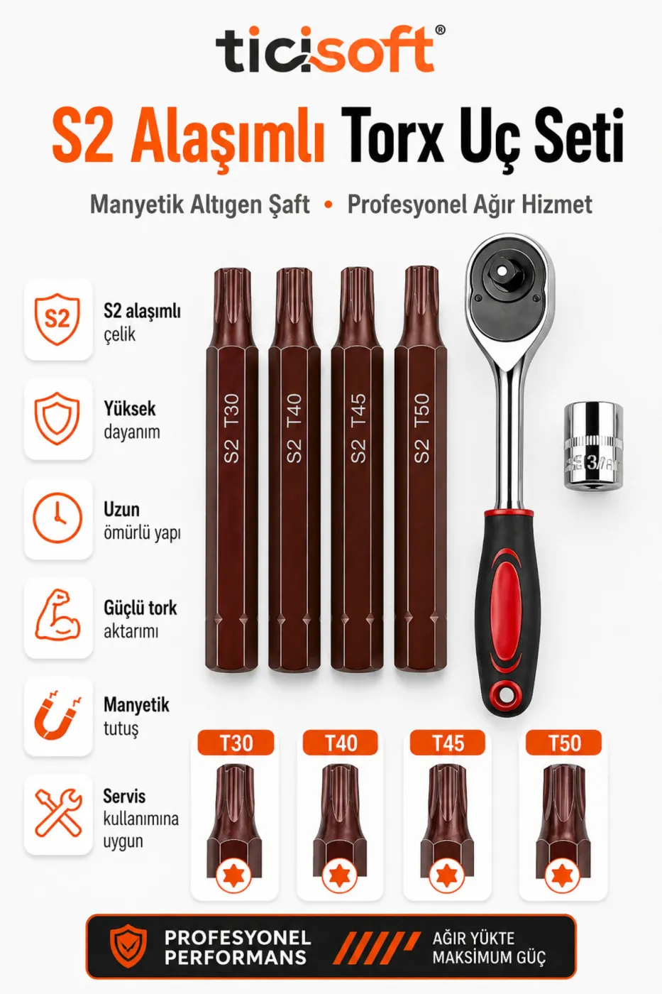 Cırcır Kollu Torx Uç Seti 75 mm T30 T40 T45 T50 S2 Çelik Manyetik Altıgen Şaft 4’lü Uç Seti