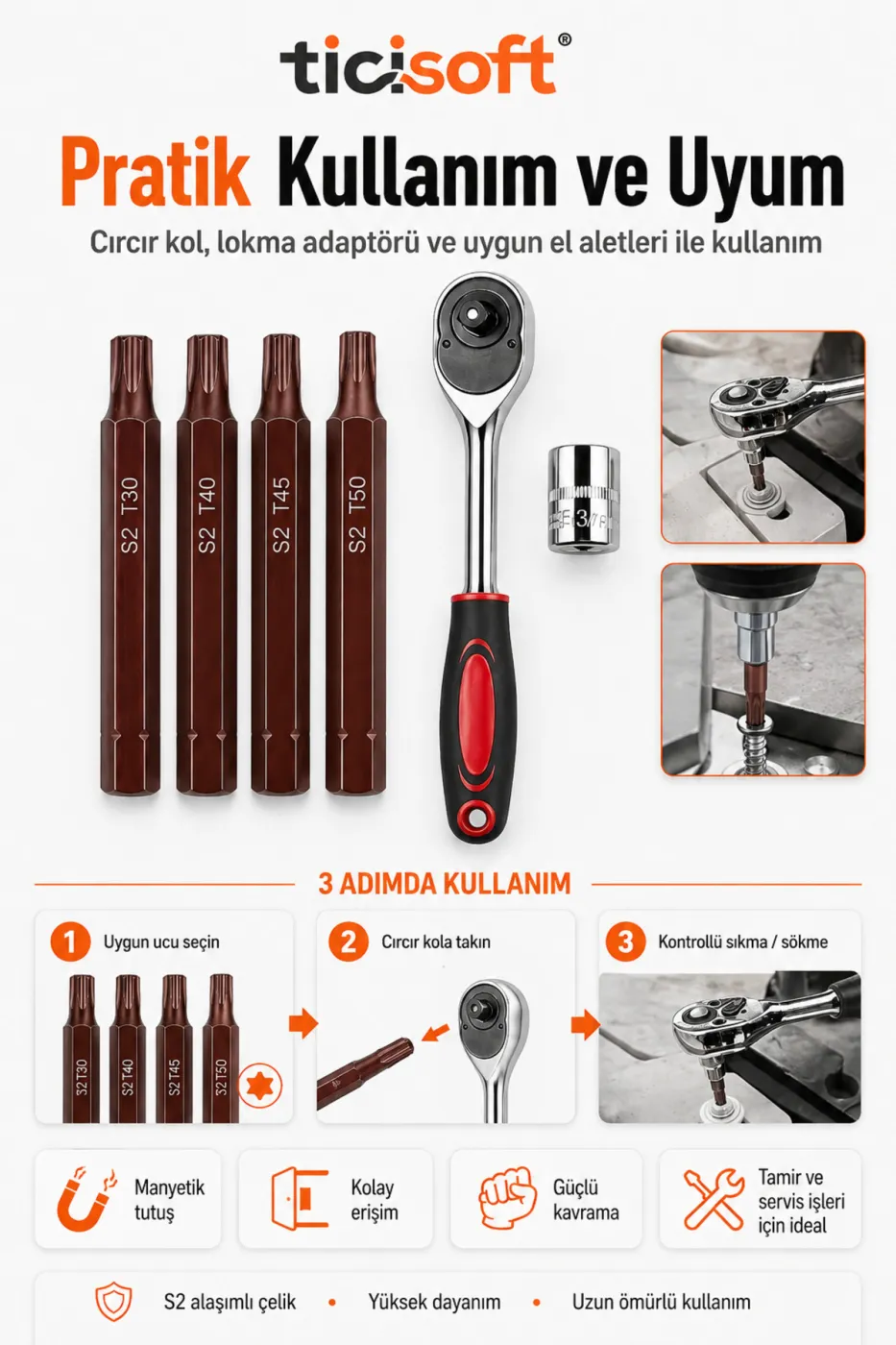 Cırcır Kollu Torx Uç Seti 75 mm T30 T40 T45 T50 S2 Çelik Manyetik Altıgen Şaft 4’lü Uç Seti