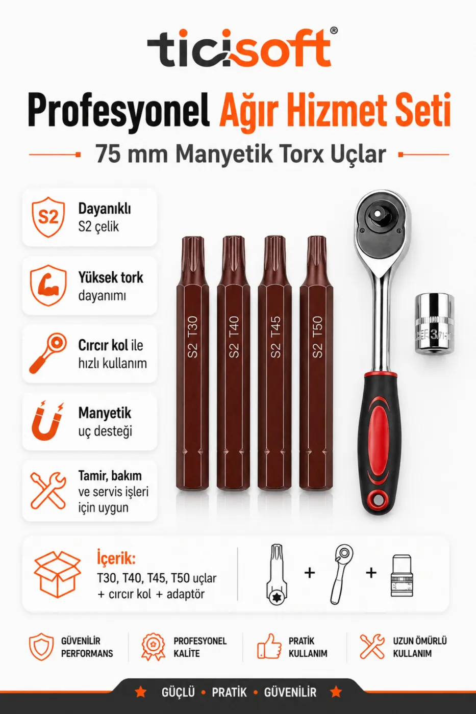 Cırcır Kollu Torx Uç Seti 75 mm T30 T40 T45 T50 S2 Çelik Manyetik Altıgen Şaft 4’lü Uç Seti