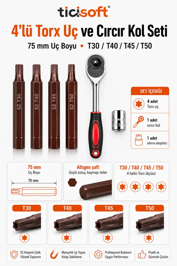Cırcır Kollu Torx Uç Seti 75 mm T30 T40 T45 T50 S2 Çelik Manyetik Altıgen Şaft 4’lü Uç Seti