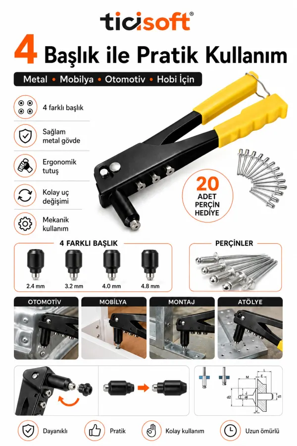 4 Başlıklı Pop Perçin Tabancası Profesyonel Metal Perçin Makinesi + 20 Adet Perçin ve Uç Anahtarı
