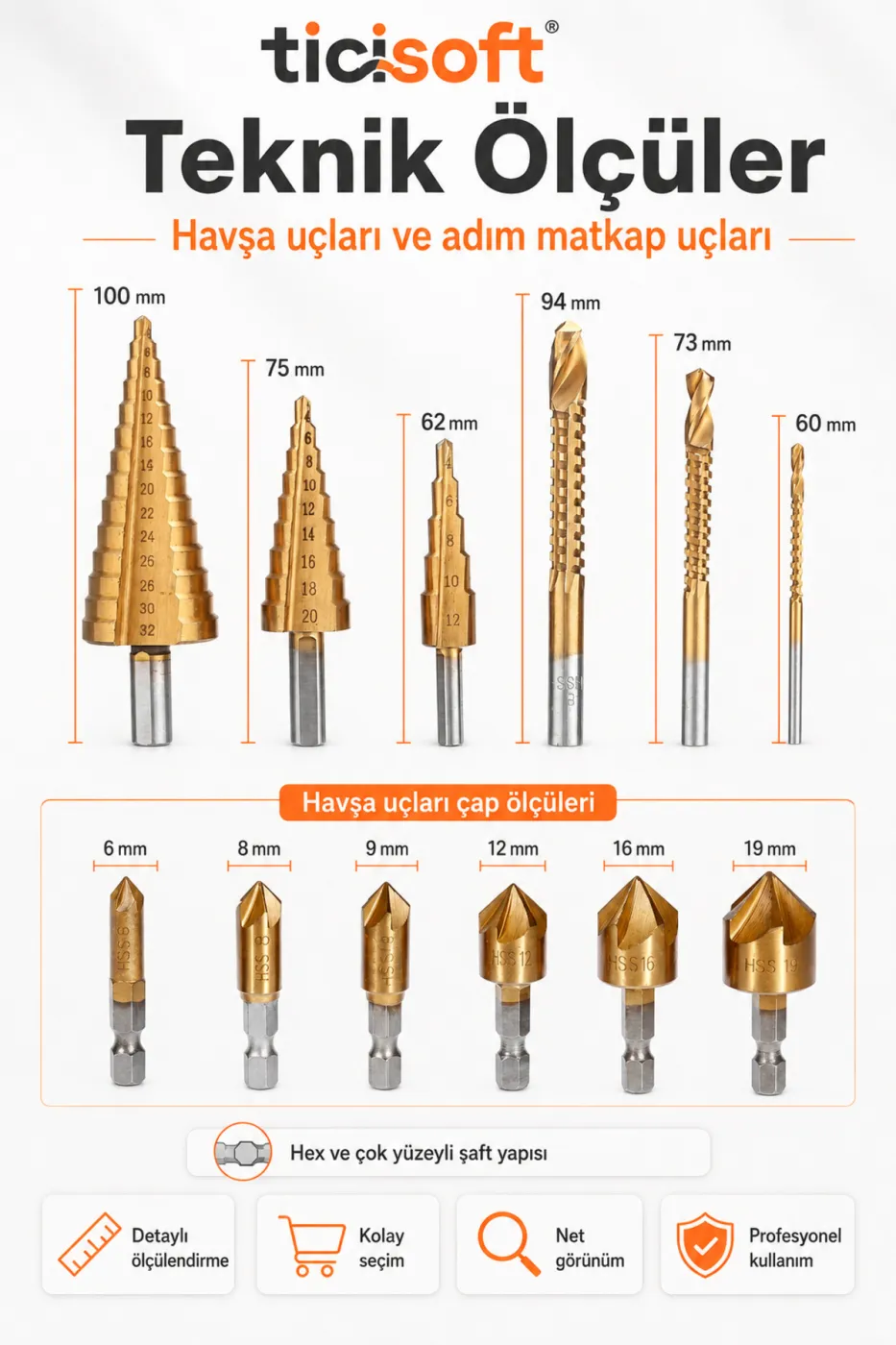 12 Parça HSS Titanyum Kaplı Havşa ve Adım Matkap Ucu Seti Pah Kırma Raybalama Kozalak Freze Ucu