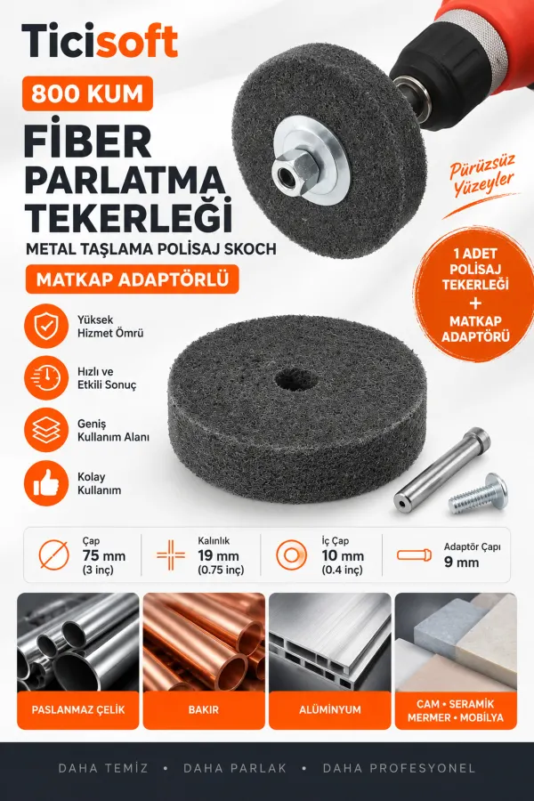 800 Kum Fiber Parlatma Tekerleği 75 mm Matkap Adaptörlü Metal Polisaj Zımpara Skoch Disk