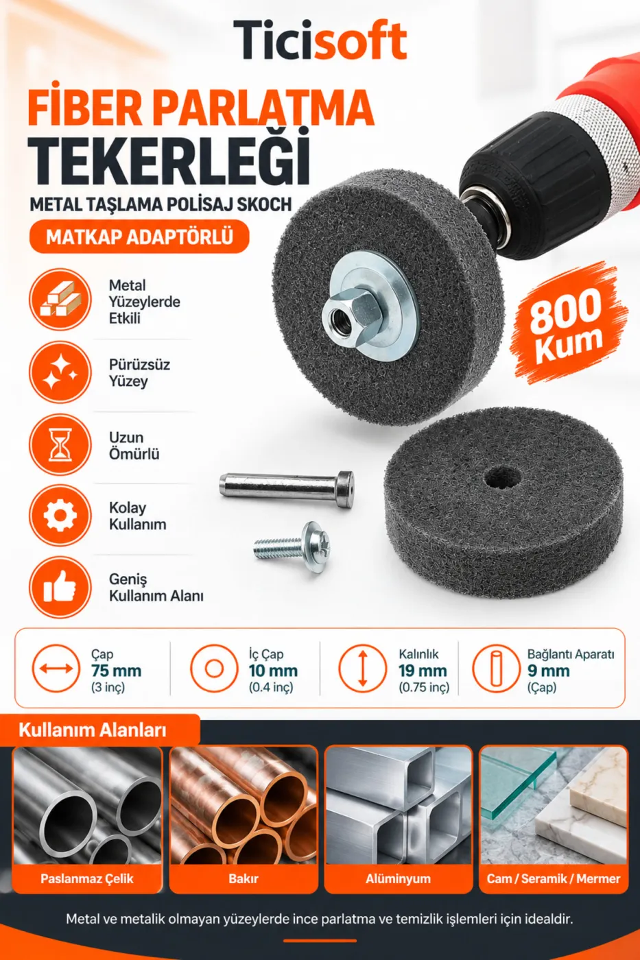 800 Kum Fiber Parlatma Tekerleği 75 mm Matkap Adaptörlü Metal Polisaj Zımpara Skoch Disk