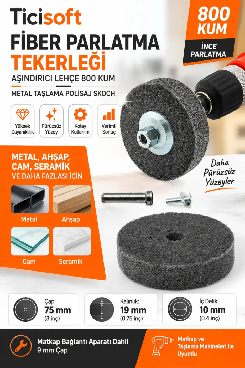 800 Kum Fiber Parlatma Tekerleği 75 mm Matkap Adaptörlü Metal Polisaj Zımpara Skoch Disk