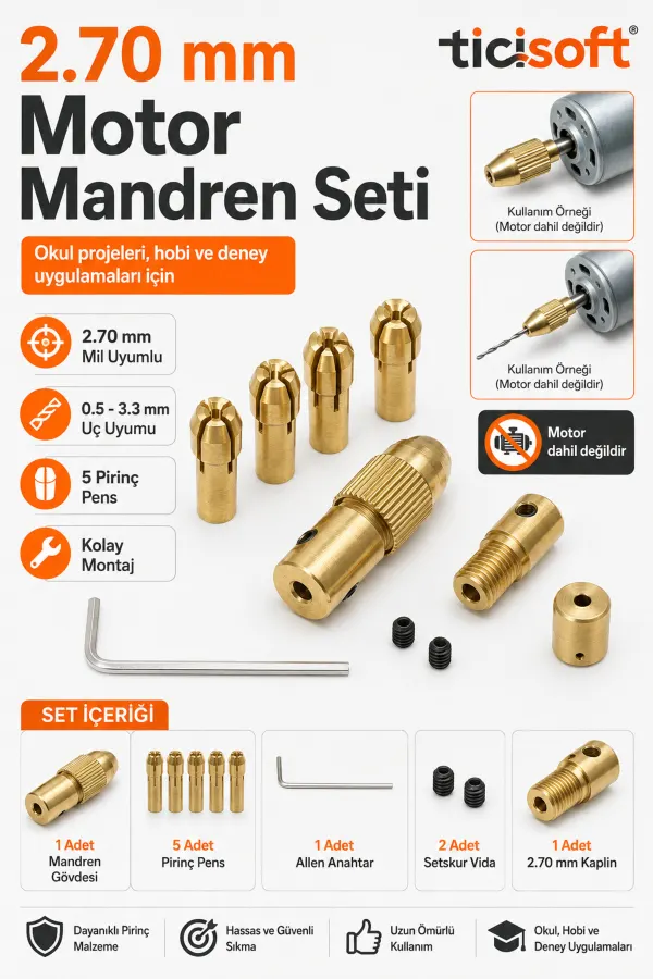Hobi Motoru Mandren Adaptör Seti 2,70 mm Mil 0,5–3,3 mm Uç Uyumlu 5 Pens ve Alyan Anahtarlı