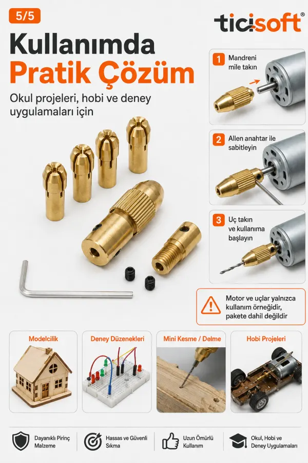 Hobi Motoru Mandren Adaptör Seti 2,70 mm Mil 0,5–3,3 mm Uç Uyumlu 5 Pens ve Alyan Anahtarlı