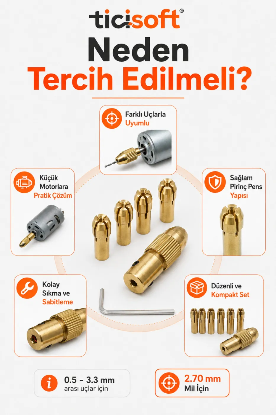 Hobi Motoru Mandren Adaptör Seti 2,70 mm Mil 0,5–3,3 mm Uç Uyumlu 5 Pens ve Alyan Anahtarlı