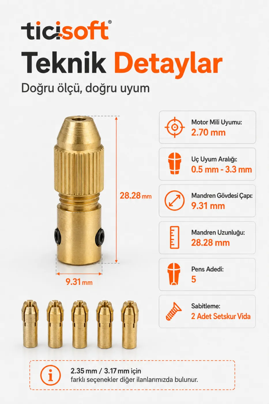 Hobi Motoru Mandren Adaptör Seti 2,70 mm Mil 0,5–3,3 mm Uç Uyumlu 5 Pens ve Alyan Anahtarlı