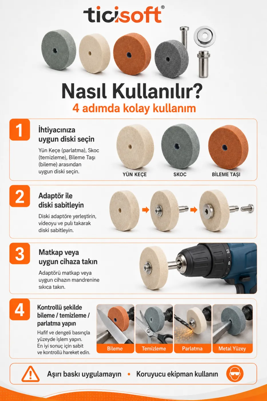 Matkap Adaptörlü Bileme Temizleme Parlatma Disk Seti Değirmen Taşı Skoc Yün Keçe Takımı 4 Parça