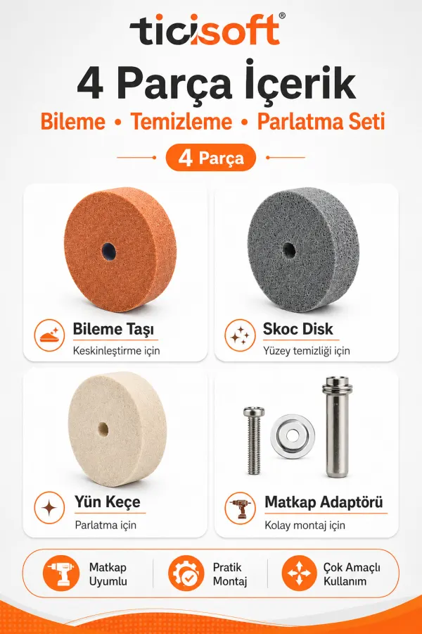 Matkap Adaptörlü Bileme Temizleme Parlatma Disk Seti Değirmen Taşı Skoc Yün Keçe Takımı 4 Parça