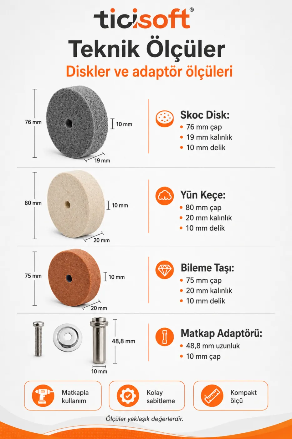 Matkap Adaptörlü Bileme Temizleme Parlatma Disk Seti Değirmen Taşı Skoc Yün Keçe Takımı 4 Parça