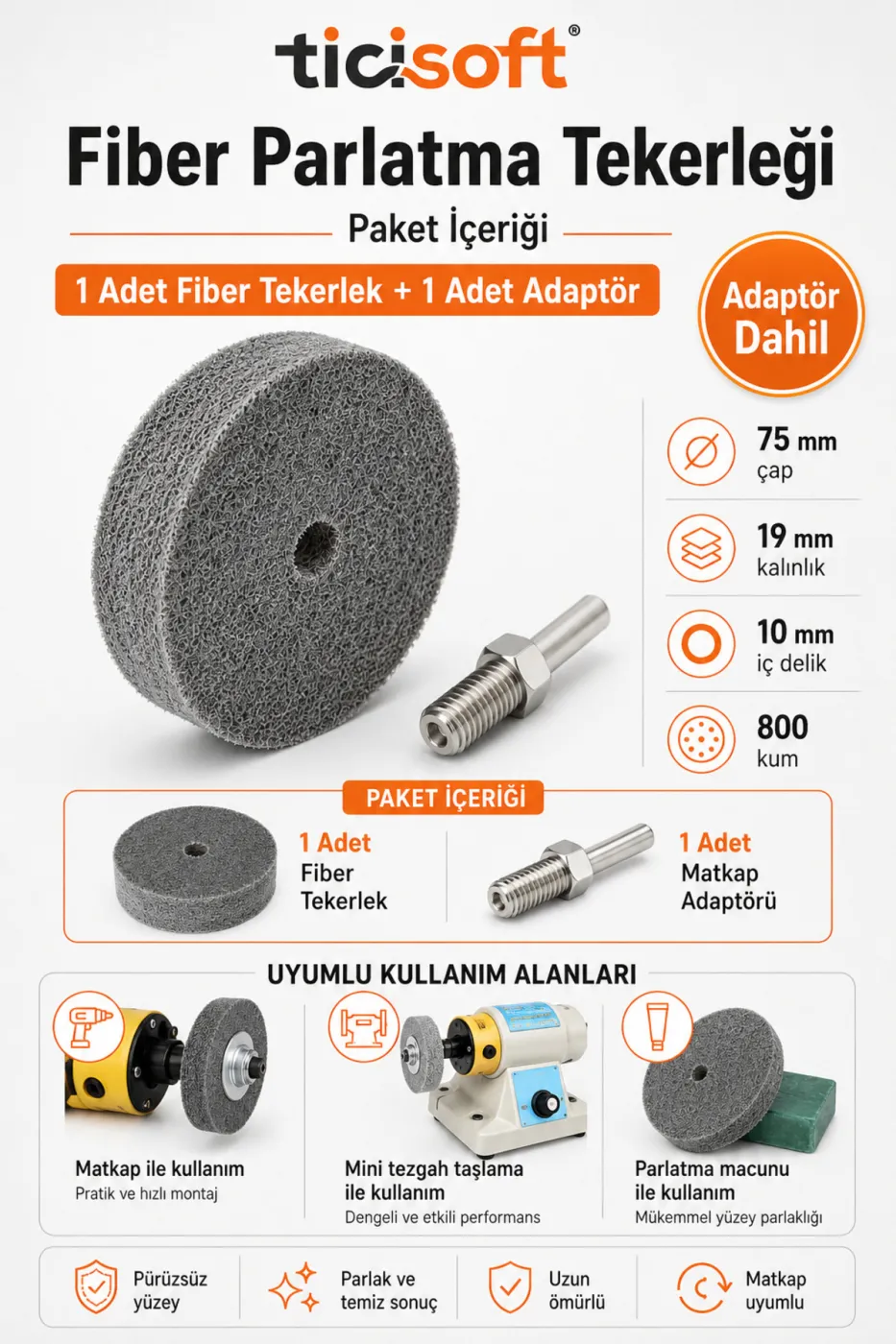 800 Kum Fiber Parlatma Tekerleği 75 mm Matkap Bağlantı Aparatlı Metal Polisaj Diski