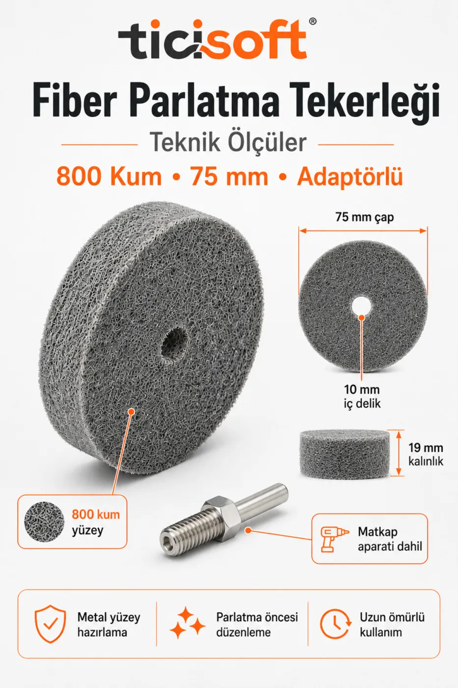800 Kum Fiber Parlatma Tekerleği 75 mm Matkap Bağlantı Aparatlı Metal Polisaj Diski