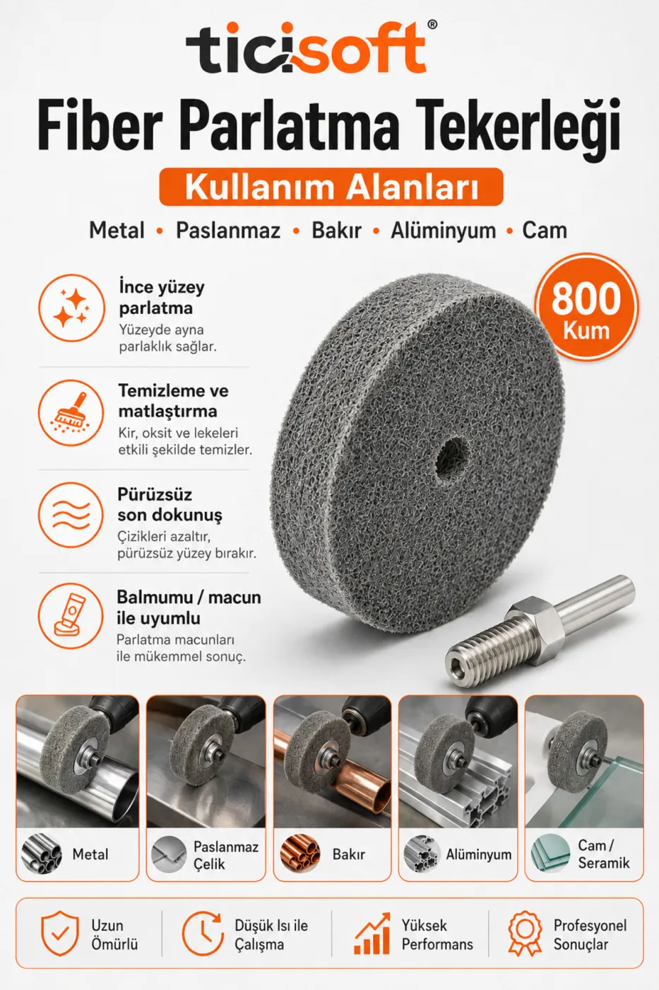 800 Kum Fiber Parlatma Tekerleği 75 mm Matkap Bağlantı Aparatlı Metal Polisaj Diski