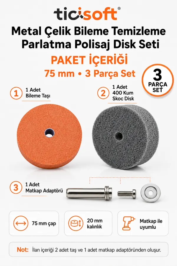 75 mm Metal Çelik Bileme Temizleme Parlatma Disk Seti 3 Parça 400 Kum Skoc Disk Matkap Adaptörlü