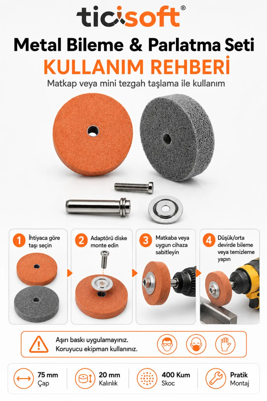 75 mm Metal Çelik Bileme Temizleme Parlatma Disk Seti 3 Parça 400 Kum Skoc Disk Matkap Adaptörlü
