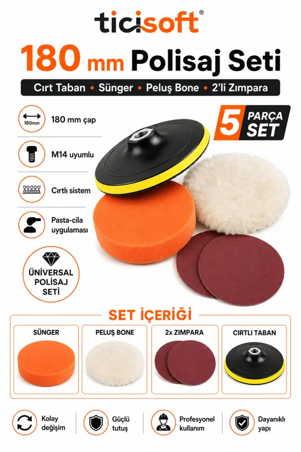 180 mm Polisaj Seti M14 Cırt Taban Sünger Peluş Bone 2 Adet 180 Kum Zımpara 5 Parça Parlatma Seti
