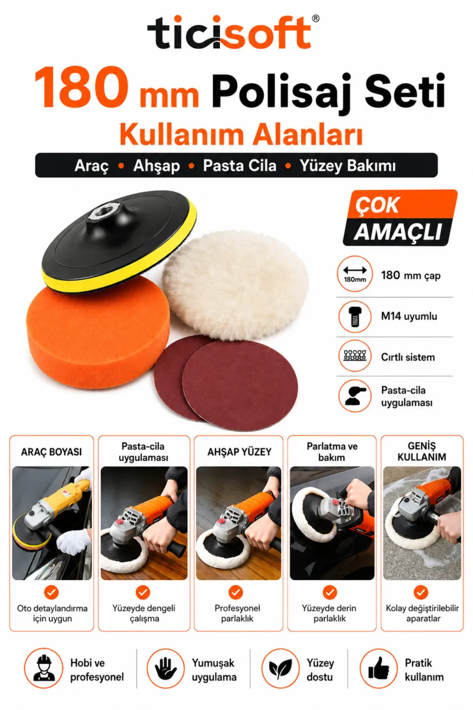 180 mm Polisaj Seti M14 Cırt Taban Sünger Peluş Bone 2 Adet 180 Kum Zımpara 5 Parça Parlatma Seti
