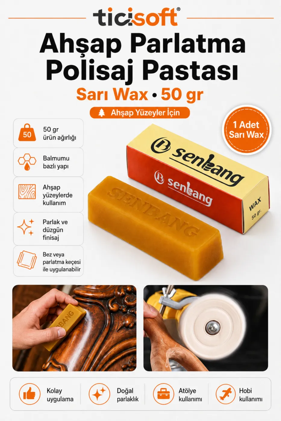 Ahşap Parlatma Polisaj Pastası Sarı Wax 50 gr Balmumu Cila Macunu Ahşap Bakım Parlatıcı